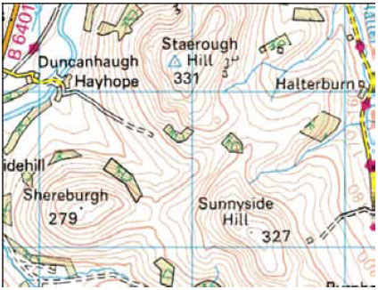  Fig. B3.6 Showing how hills and saddles are represented on an OS map, the shape of this terrain could easily alter wind direction and strength