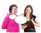 Two women smiling with empty speech bubbles