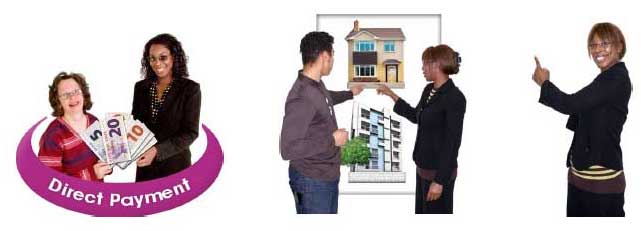 two people holding money / two people looking at images of houses / person pointing