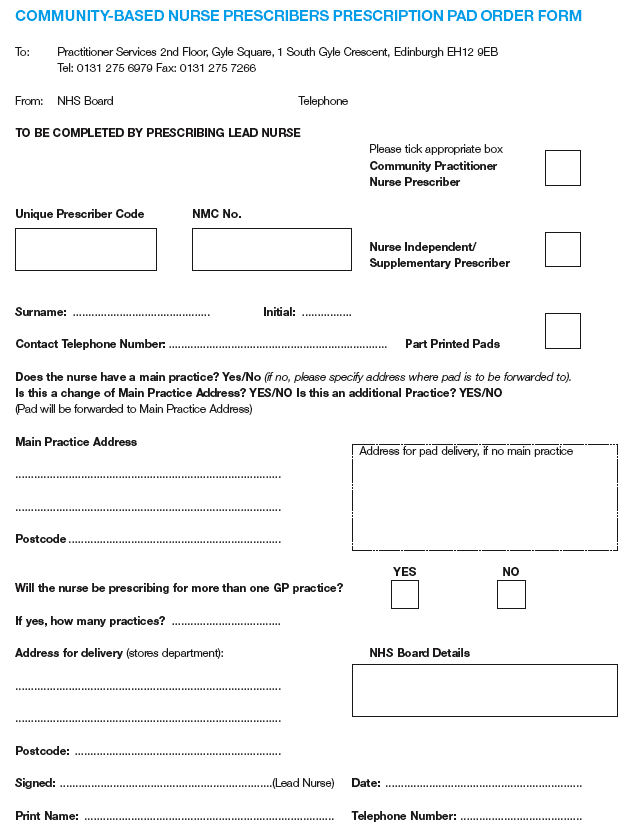 image of Community-based Nurse Prescribers Prescription Pad Order Form