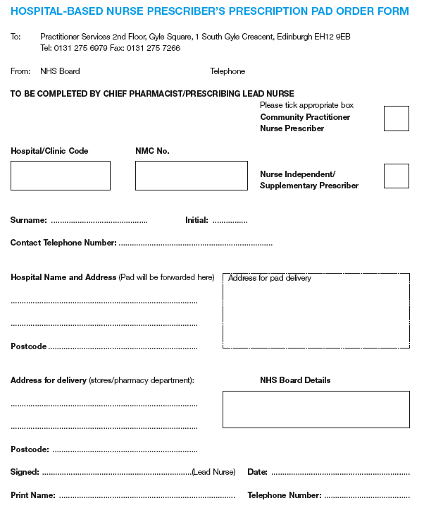 image of Hospital-Based Nurse Prescriber's Prescription Pad Order Form