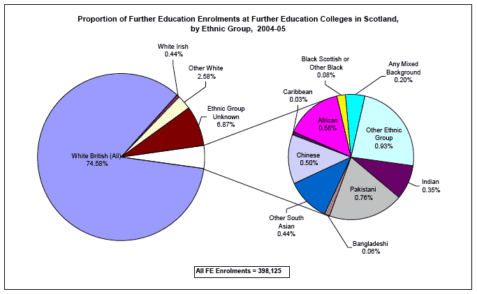 image of Proportion of Further Education Enrolments at Further Education Colleges in Scotland, by Ethnic Group, 2004-05