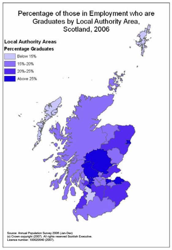 image of Figure 3: Proportion of those aged 25-59/64 in employment who are graduates by local authority area