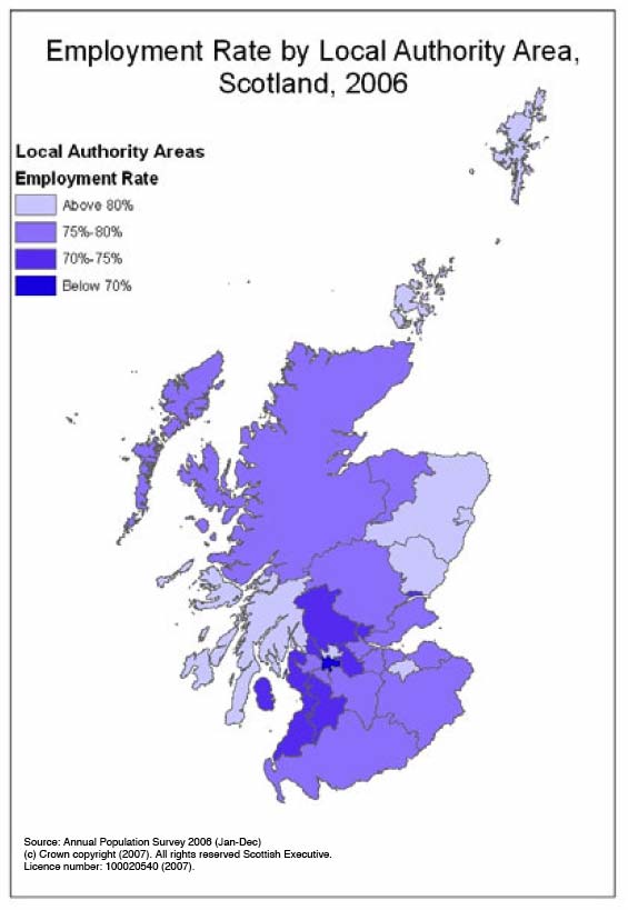 image of Figure 1: Working age employment rates by local authority area