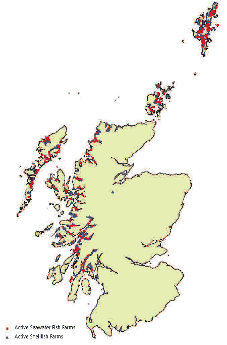 Figure 5.5 Active seawater fish and shellfish farms in Scotland