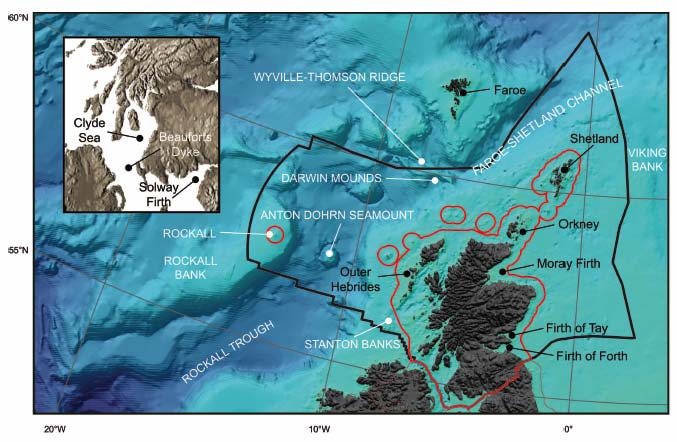  Figure 2.1 Bathymetry, specific boundaries and selected geographical features of the seas around Scotland