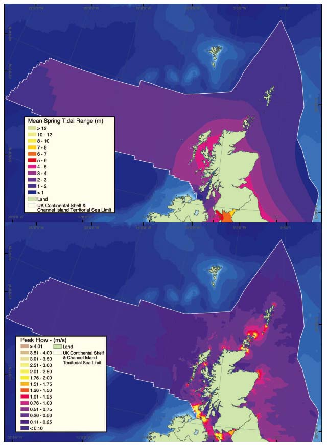 Figure 2.5 Mean spring tidal range (m) and peak current flow (m/s) for a mean spring tide for the seas around Scotland