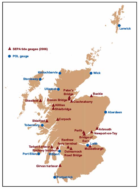 Figure 2.7 SEPA Tidal Gauge locations and Scottish locations of the UK National Tide Gauge Network (POL gauge)