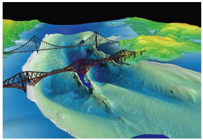 Figure 2.14 Rock outcrops used to support the Firth of Forth bridges obtained using multi-beam echo-sounders