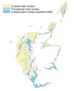Scottish marine water bodies that were classified using phytoplankton as a biological parameter under the WFD in 2008 highlighted in blue ("high" status)