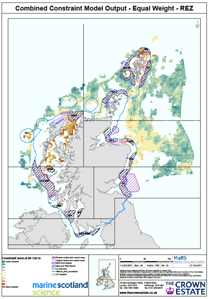 Figure 15 The Combined Restriction model, giving equal emphasis to the environmental, industry and heritage themes, showing proposed strategic areas in STW, existing STW and Round 3 offshore wind sites, the 12 mile limit (boundary to STW) and the rel