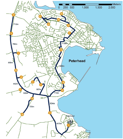 Figure 9 Example map to show a higher resolution of the Peterhead map with thresholds applied