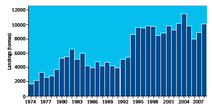 Scallop landings (tonnes) by UK vessels into Scotland, 1974 -2010