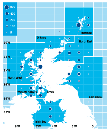 Scallop assessment areas and landings (tonnes) in 2010