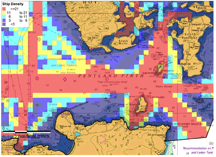 Figure 7.28 Pentland Firth Summer 2012 AIS Track Analysis by Overall Ship Density