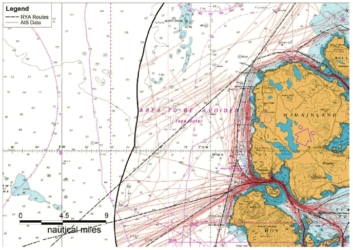 Figure 8.7 Recreational Vessel Tracks versus RYA – Hoy and West Coast of Mainland