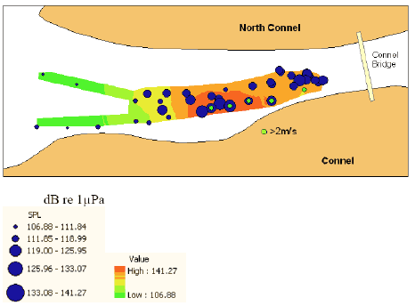 Figure 10. Underwater sound maps of the western Falls of Lora. The lowest observed intensities are represented by shades of green (and small circles) and the highest in shades of red (larger circles).
