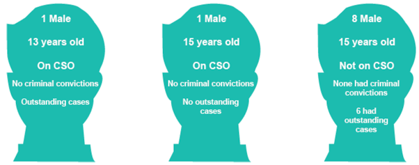 Description of the 10 offenders under the age of 16, including gender, whether they had previous convictions or outstanding cases and whether they were subject to a compulsory supervision order