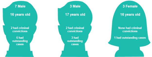 Description of the 13 offenders aged 16 or 17 and subject to a compulsory supervision order, including gender, age and whether they had previous convictions or outstanding cases