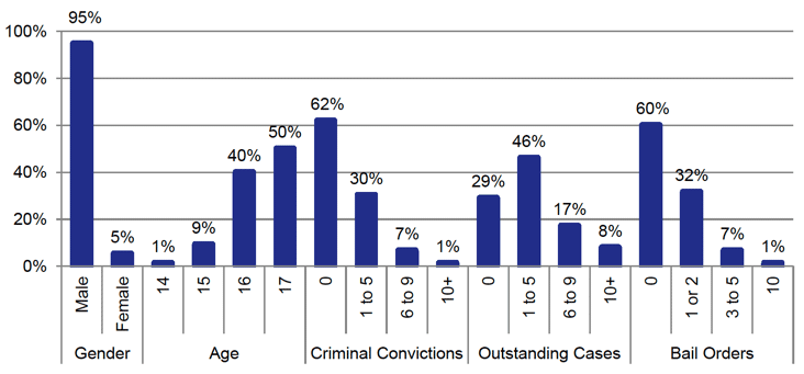 Chart 5 provides a profile of young people placed on petition by gender, age, criminal convictions, outstanding cases and whether they were subject to bail orders