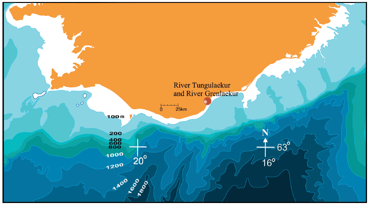 Fig. 2. Map of the coast of south Iceland, showing water depth intervals by bottom depth isolines (100m, 200m etc.)
