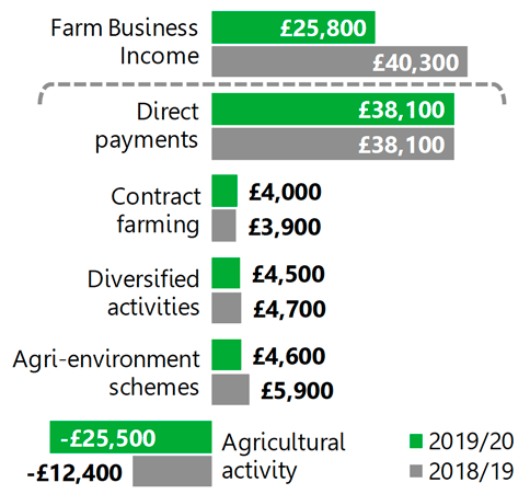 A chart shows Farm Business Income and five main components for 2019 to 2020 and the previous year.
