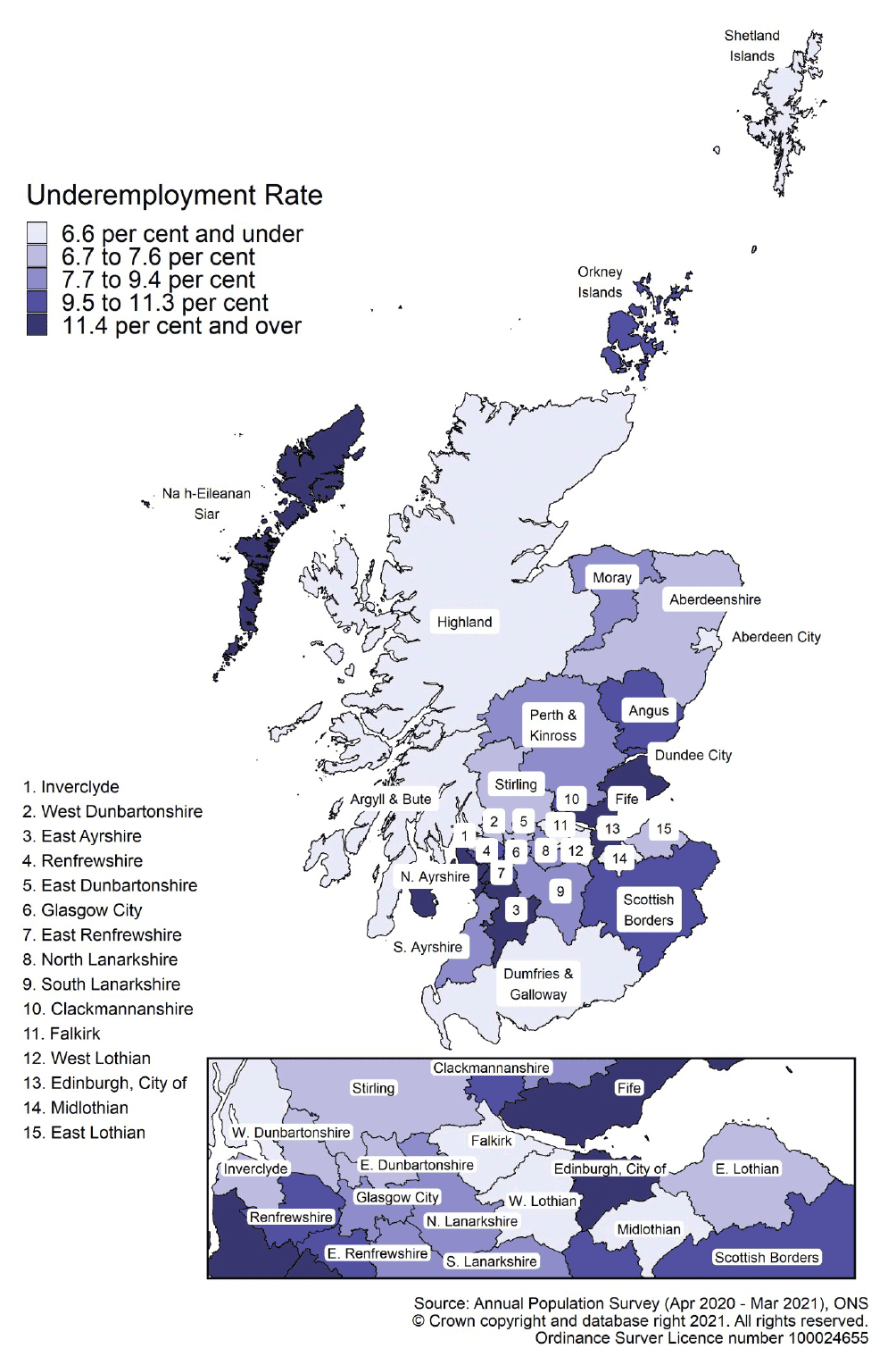 Map of Scotland showing underemployment rate ranges by local authority area for ages 16 and over in April 2020 - March 2021
