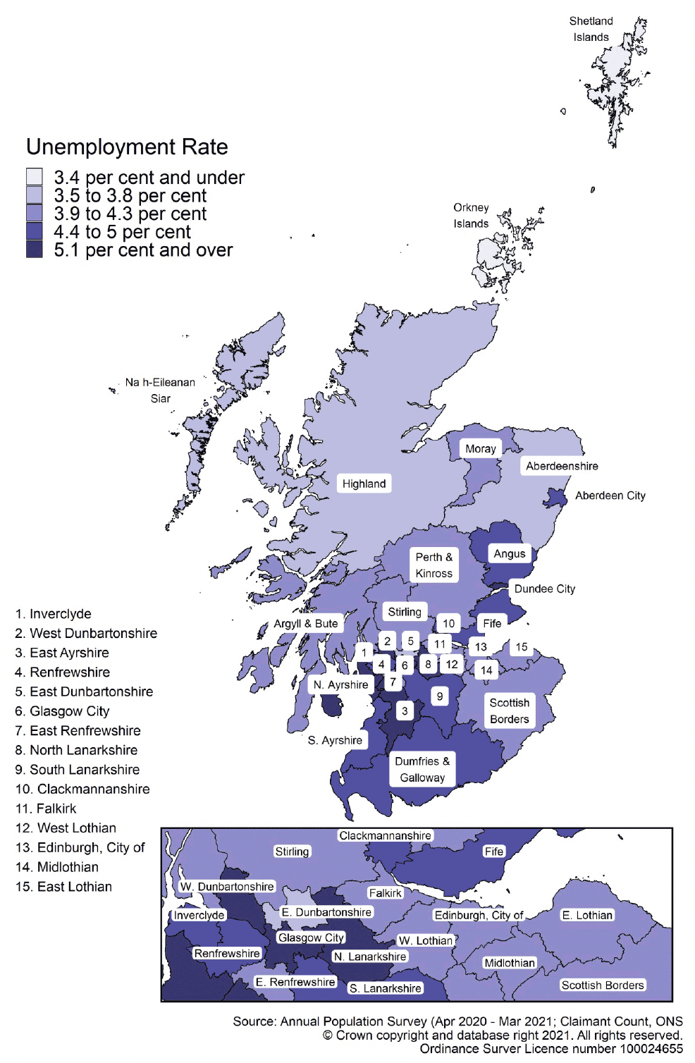 Map of Scotland showing model-based unemployment rate ranges by local authority area for ages 16 and over in April 2020 - March 2021